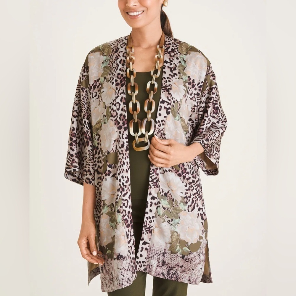 Chico’s Ruana Open Front‎ Floral Animal Print Kimono Cardigan S/M